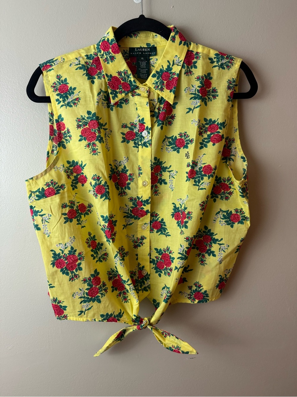 Lauren Ralph Lauren Yellow Floral Tie-Front Button-Down Cotton Top XL